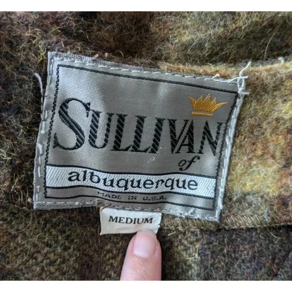 Vintage Sullivan of Albuquerque Green Brown Wool Leather Fringe Trim Poncho 70s